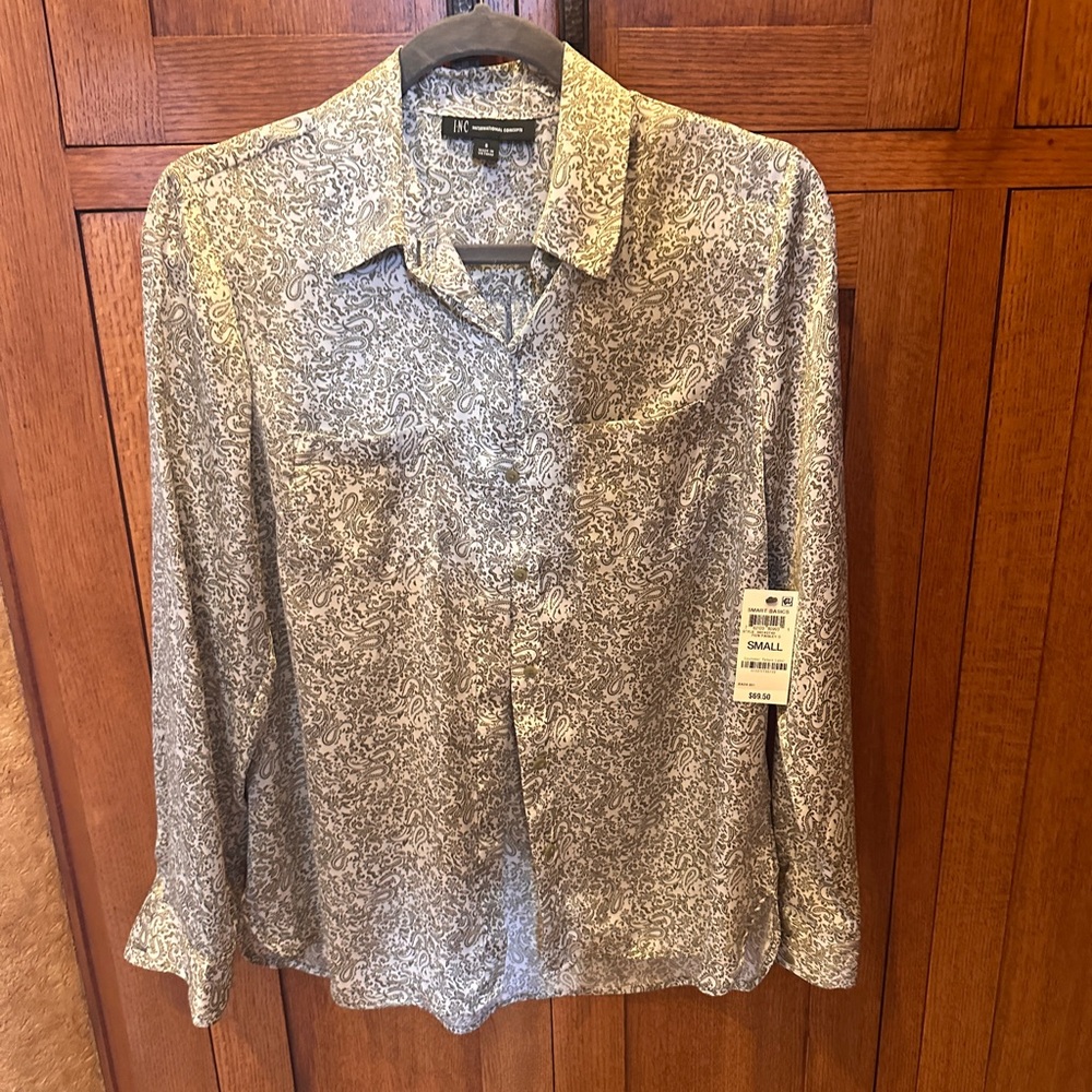 INC International Concepts Paisley Print Blouse silky  NWT green and white